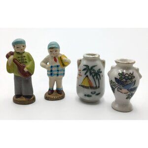 Miniature Vintage Made in Japan Vases & Figurine 4 Pc Boy Man Guitar Bird Island